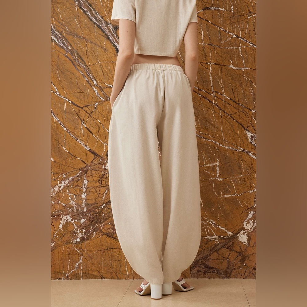 Micas Linen Button Asymmetrical Ruched Barrel Trousers S CC18-5 - Picture 3 of 9